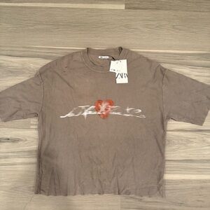 Zara Taupe Tee with Red Heart Graphic